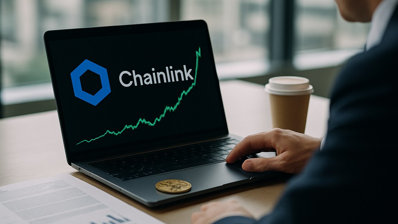 Laptop met het Chainlink-logo en een stijgende koersgrafiek op een bureau in een bankkantoor