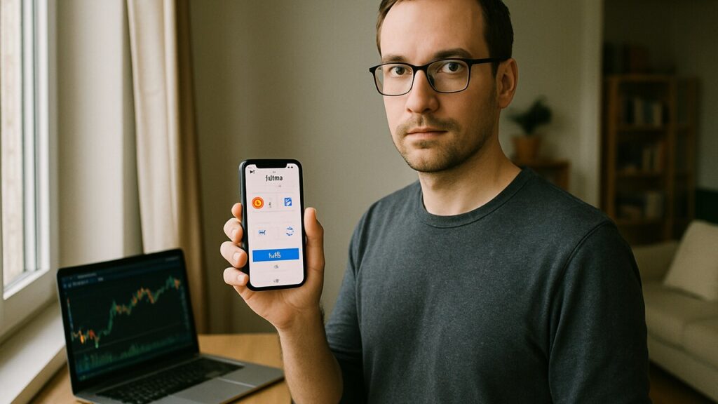 Iemand wisselt met een smartphone crypto om via een eenvoudige swap-app, in een lichte woonkamer