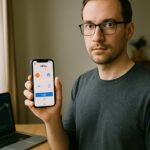 Iemand wisselt met een smartphone crypto om via een eenvoudige swap-app, in een lichte woonkamer