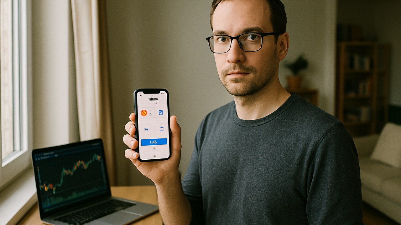 Iemand wisselt met een smartphone crypto om via een eenvoudige swap-app, in een lichte woonkamer
