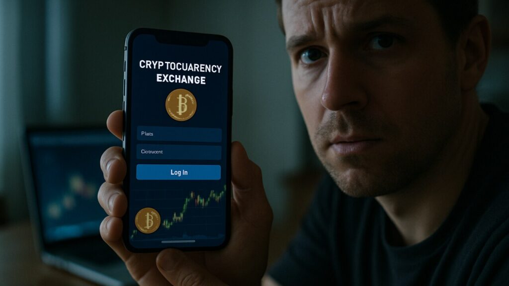 Handen houden een smartphone vast met een nagemaakte crypto-inlogpagina in een schemerige kamer