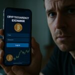 Handen houden een smartphone vast met een nagemaakte crypto-inlogpagina in een schemerige kamer