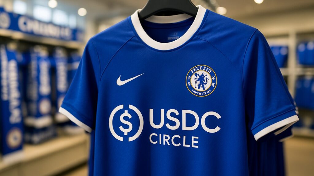 Blauw Chelsea-voetbalshirt met het USDC-logo van Circle prominent op de borst.