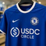 Blauw Chelsea-voetbalshirt met het USDC-logo van Circle prominent op de borst.