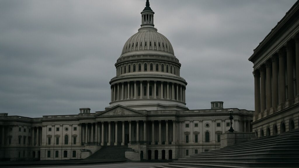 Het Amerikaanse Capitool in Washington onder een bewolkte hemel, symbool voor een haperend cryptowetsvoorstel