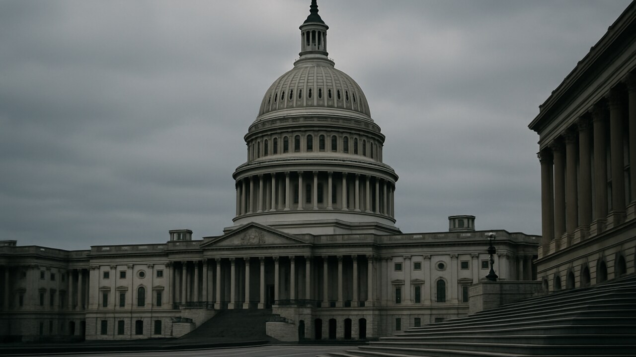 Het Amerikaanse Capitool in Washington onder een bewolkte hemel, symbool voor een haperend cryptowetsvoorstel