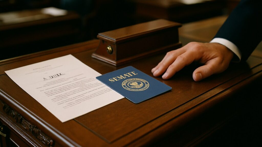 Detailopname van een wetsvoorstel en stemkaart op een houten bureau in de Amerikaanse Senaat