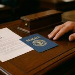 Detailopname van een wetsvoorstel en stemkaart op een houten bureau in de Amerikaanse Senaat
