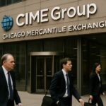 Het gebouw van de Chicago Mercantile Exchange met CME-logo op de gevel