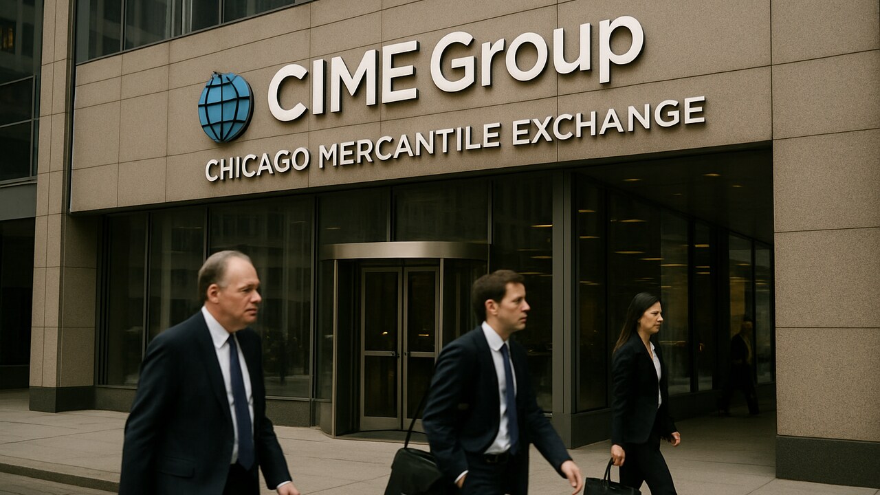 Het gebouw van de Chicago Mercantile Exchange met CME-logo op de gevel