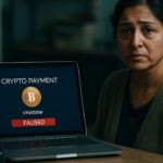 Winkeleigenaar kijkt bezorgd naar een bevroren crypto-betaalscherm op een toonbank