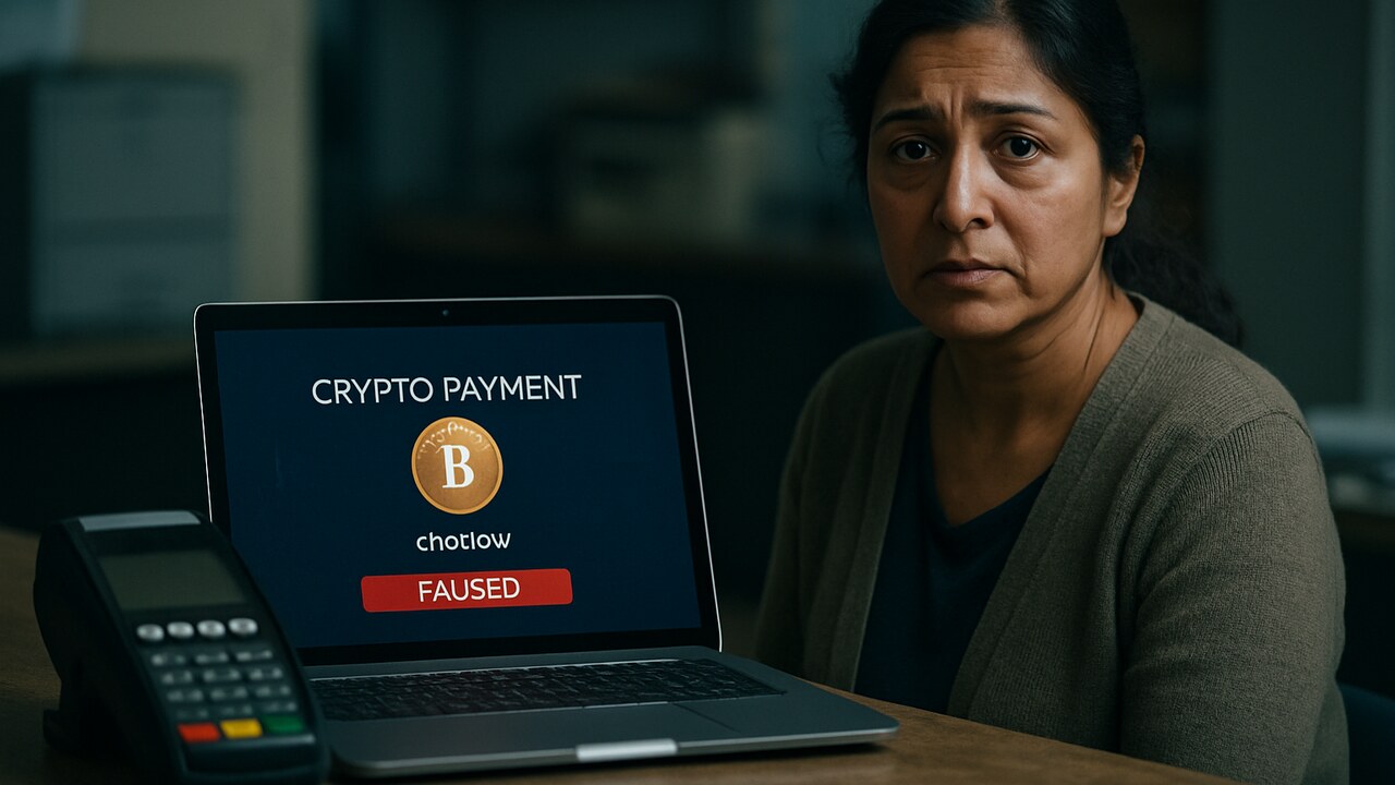 Winkeleigenaar kijkt bezorgd naar een bevroren crypto-betaalscherm op een toonbank