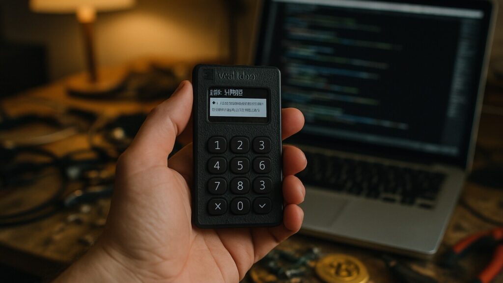 Een Coldcard hardwarewallet in een hand boven een werkplek met een laptop vol code