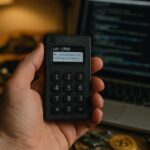 Een Coldcard hardwarewallet in een hand boven een werkplek met een laptop vol code