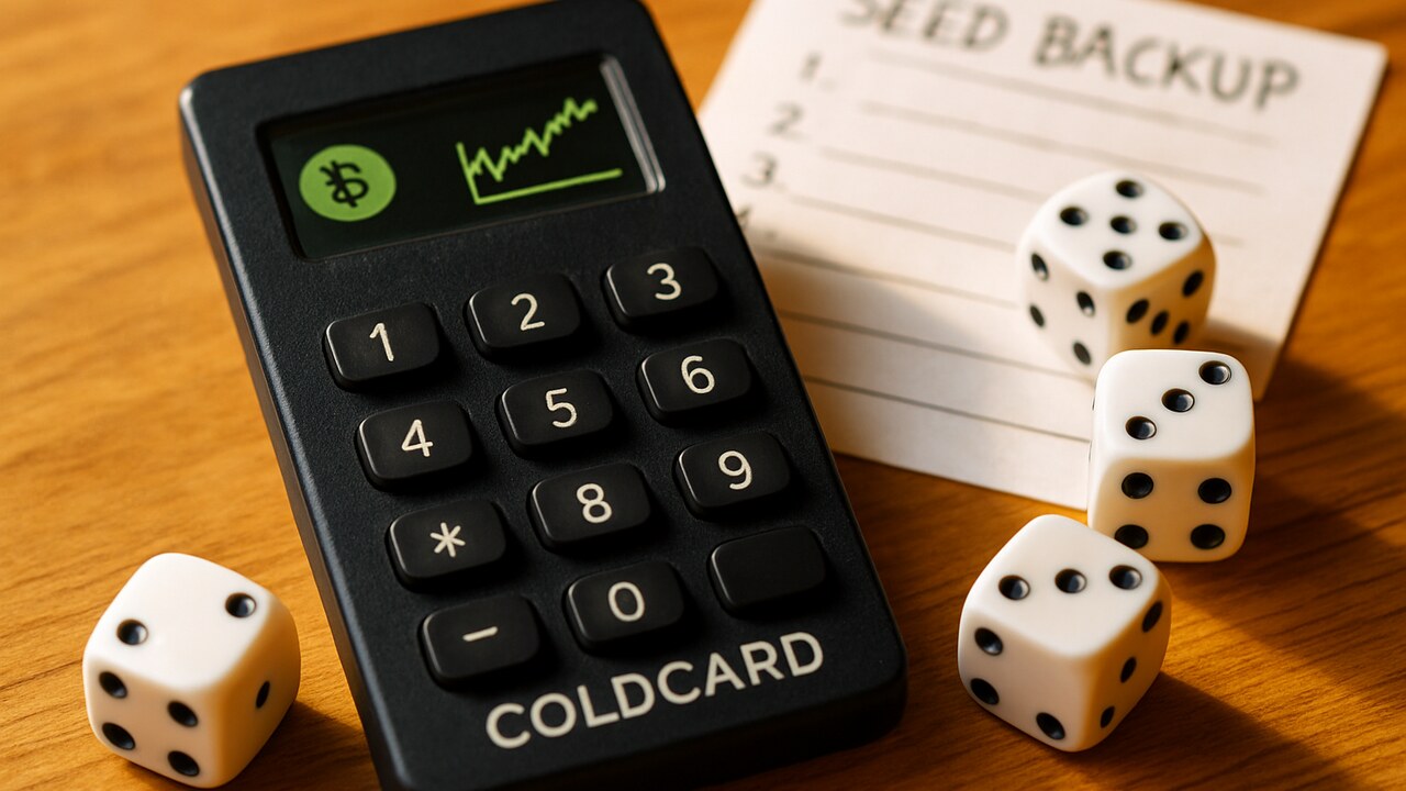 Een Coldcard hardwarewallet naast dobbelstenen op een tafel, symbool voor de nieuwe beveiligingslaag