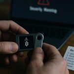 Handen met een hardware-bitcoinwallet en een papieren herstelzin op een bureau, met een laptop op de achtergrond