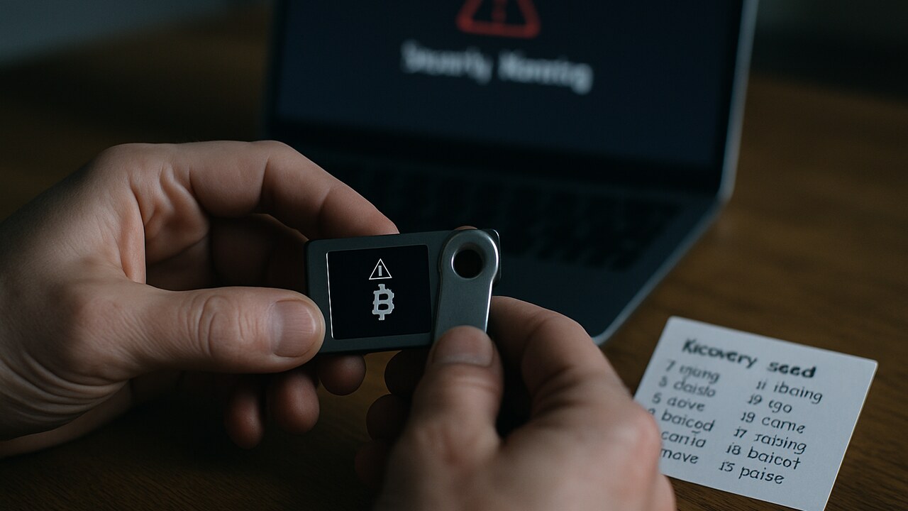 Handen met een hardware-bitcoinwallet en een papieren herstelzin op een bureau, met een laptop op de achtergrond