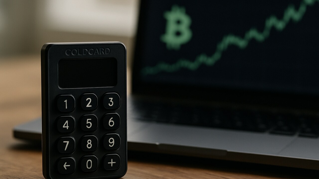 Uitgeschakelde hardwarewallet op een bureau met op de achtergrond een laptop met Bitcoin-koersgrafiek
