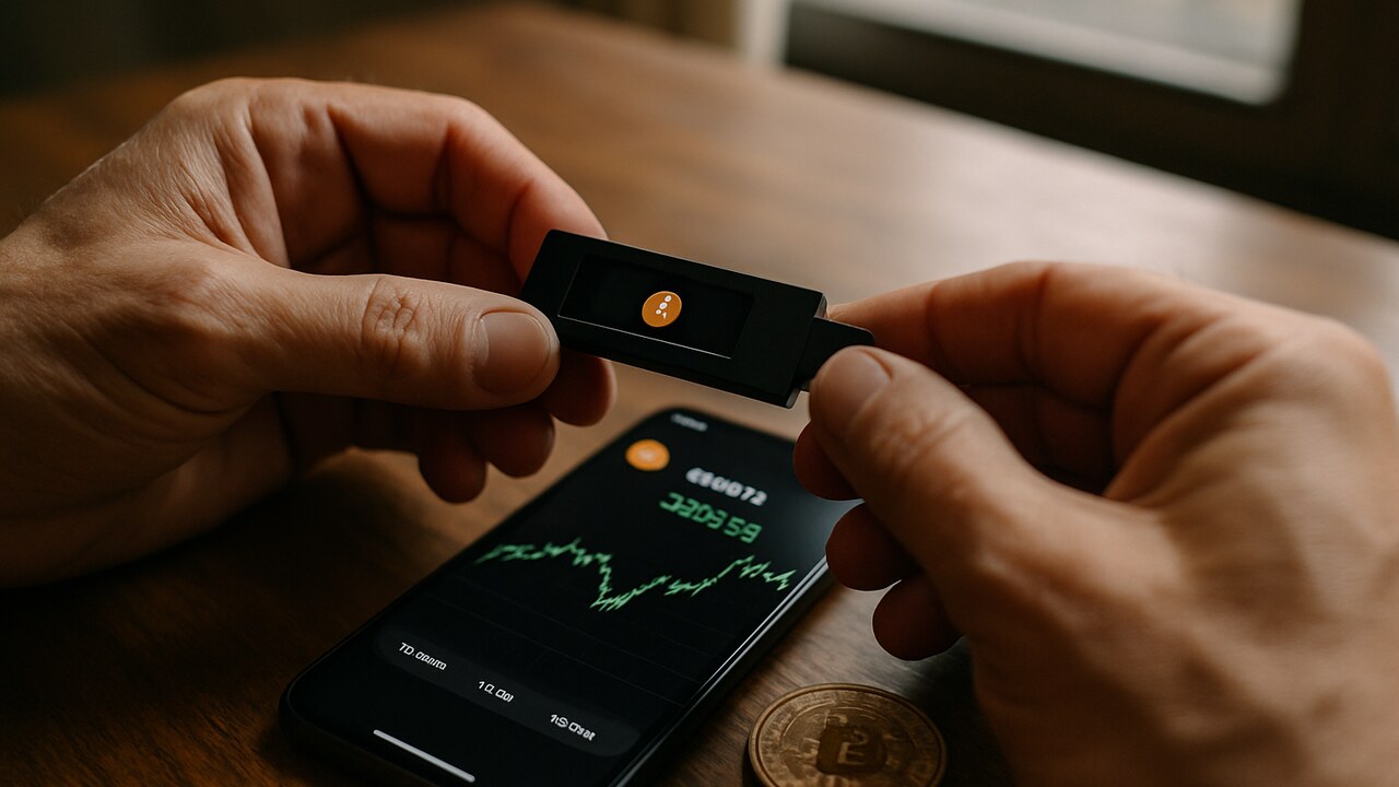 Handen houden een hardware-wallet vast naast een smartphone met een beurs-app, na het Coldcard-lek