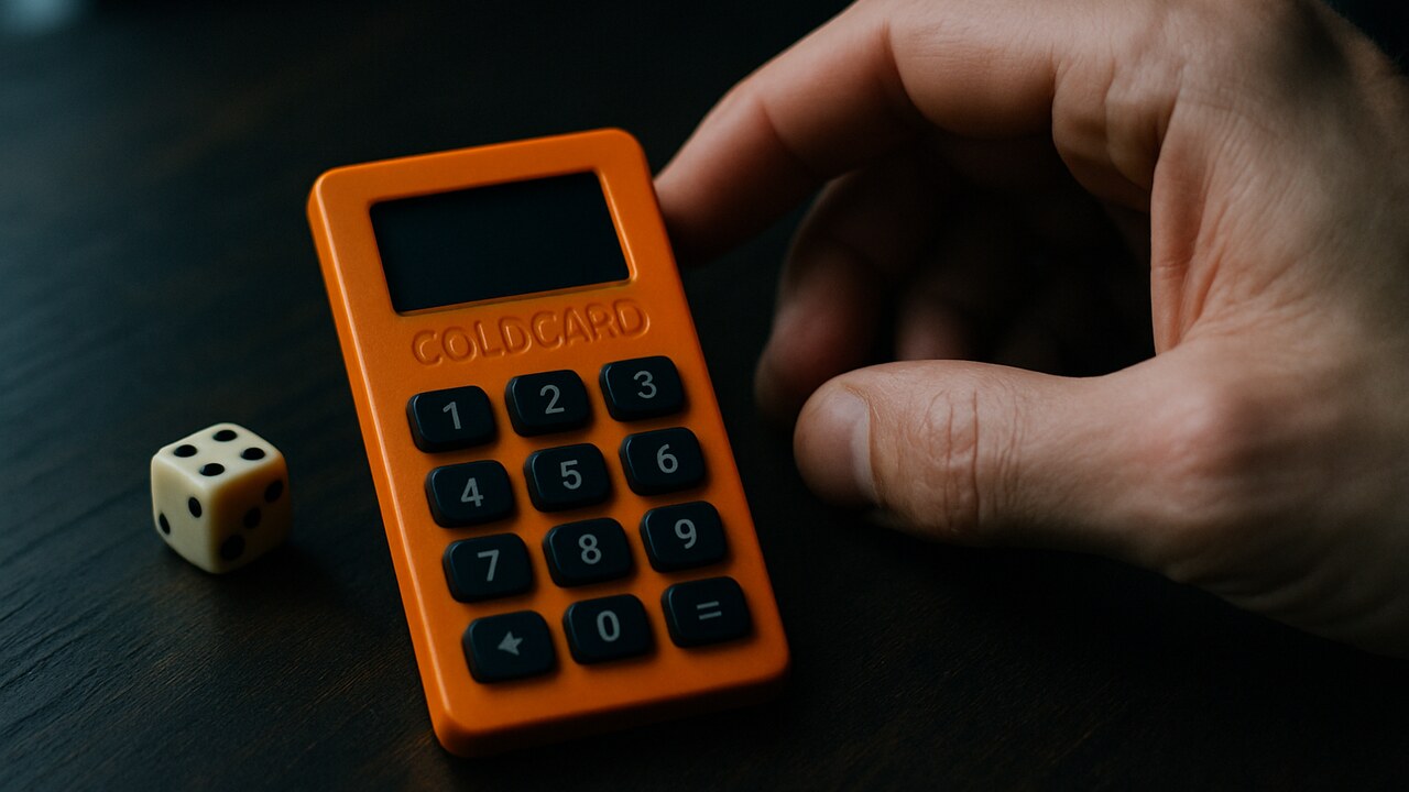 Een oranje Coldcard hardware wallet op een donker bureau naast een dobbelsteen, symbool voor willekeur en sleutelgeneratie
