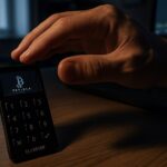 Een Bitcoin-hardwarewallet op een bureau met een hand die er aarzelend boven zweeft, in gedempt licht