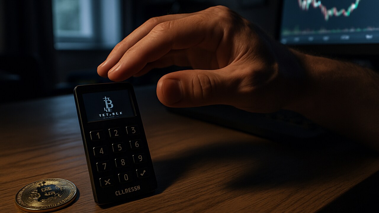 Een Bitcoin-hardwarewallet op een bureau met een hand die er aarzelend boven zweeft, in gedempt licht