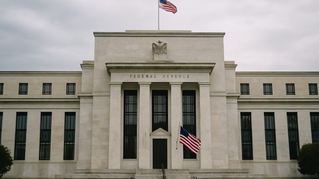 Het gebouw van de Amerikaanse Federal Reserve op een bewolkte ochtend