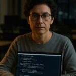 Ontwikkelaar kijkt naar smart-contractcode op een laptop in een schaars verlicht kantoor
