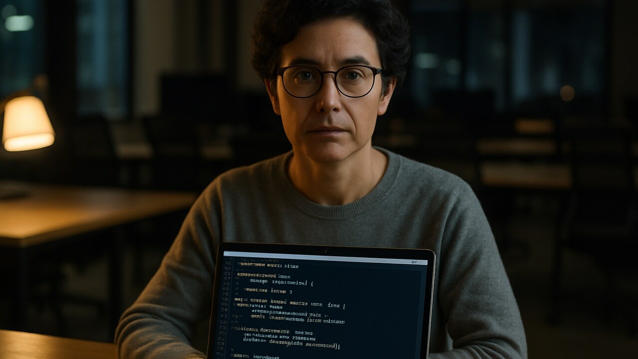 Ontwikkelaar kijkt naar smart-contractcode op een laptop in een schaars verlicht kantoor