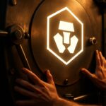 Een dichtgaande kluisdeur met het Cronos-logo, symbool voor het stilleggen van de blockchain na de hack