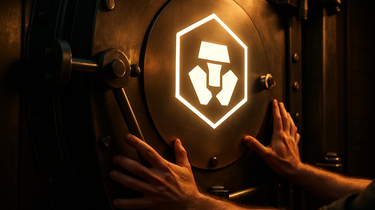 Een dichtgaande kluisdeur met het Cronos-logo, symbool voor het stilleggen van de blockchain na de hack