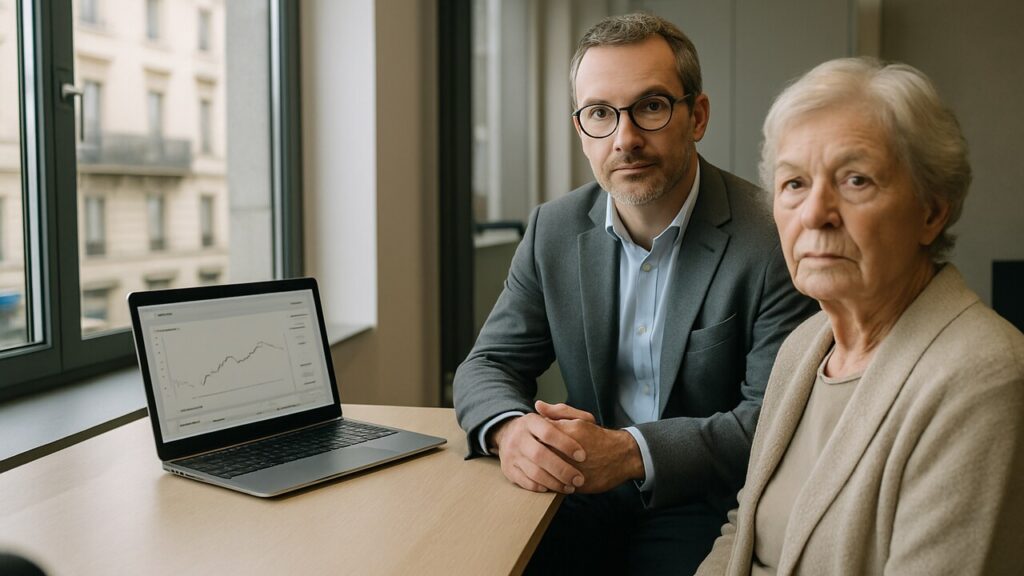 Financieel adviseur en client tegenover elkaar aan een bureau in een advieskantoor