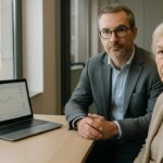 Financieel adviseur en client tegenover elkaar aan een bureau in een advieskantoor