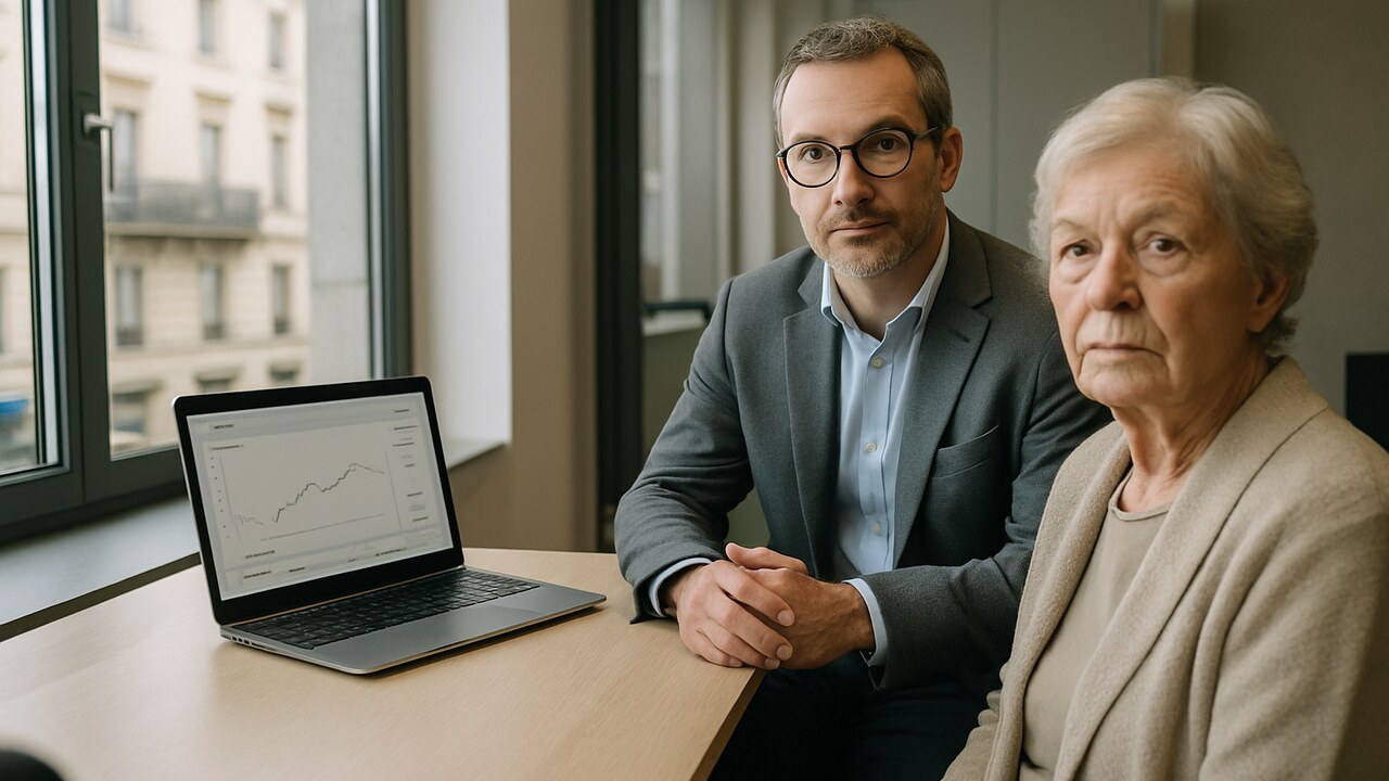 Financieel adviseur en client tegenover elkaar aan een bureau in een advieskantoor