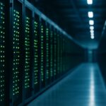 Serverruimte van een datacenter met lange rijen serverracks en groene statuslampjes, symbool voor autonome AI-systemen