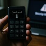 Een hardware wallet voor Bitcoin in een hand boven een bureau, met op de achtergrond een laptop met een waarschuwingsscherm