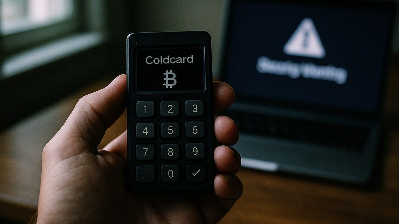 Een hardware wallet voor Bitcoin in een hand boven een bureau, met op de achtergrond een laptop met een waarschuwingsscherm
