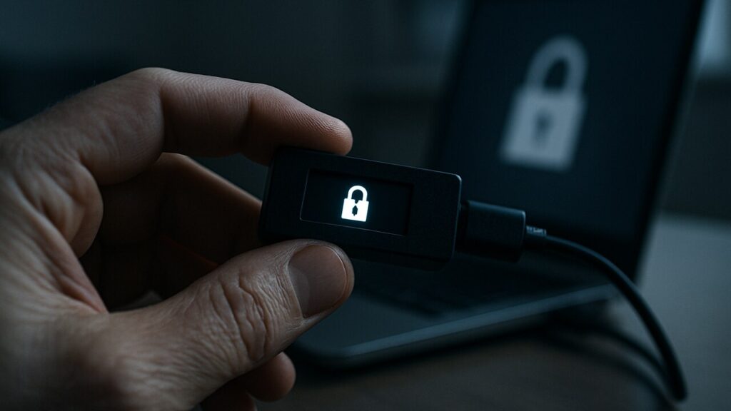 Een hand houdt een hardware wallet vast bij een laptop in een schemerige kamer, symbool voor cryptobeveiliging