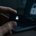 Een hand houdt een hardware wallet vast bij een laptop in een schemerige kamer, symbool voor cryptobeveiliging