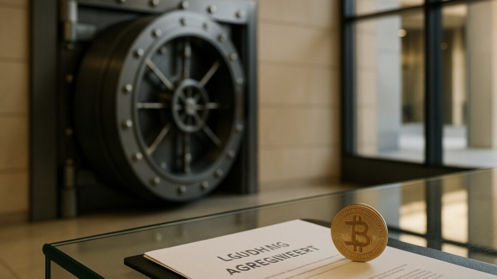 Een kluisdeur in een bankgebouw met een fysieke Bitcoin-munt op een leendossier als beeld voor crypto-leningen