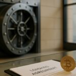 Een kluisdeur in een bankgebouw met een fysieke Bitcoin-munt op een leendossier als beeld voor crypto-leningen