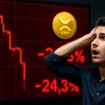 Handelaar kijkt geschrokken naar een groot scherm met een steil dalende rode XRP koersgrafiek