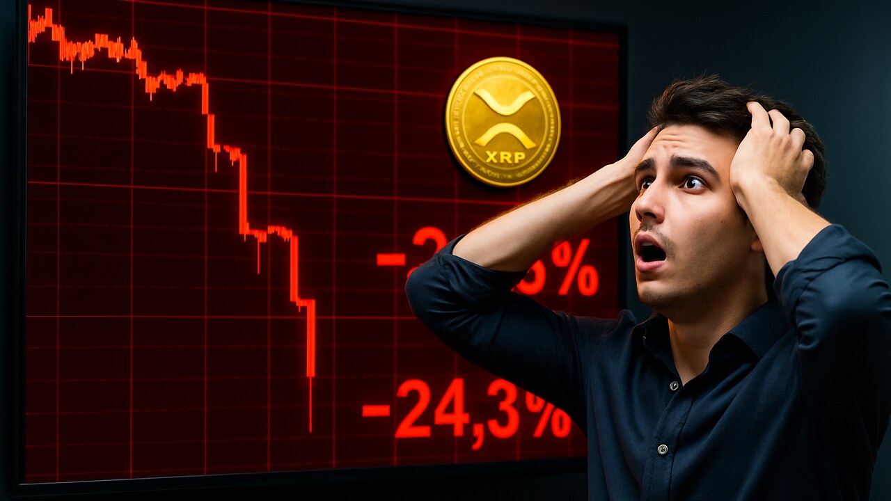 Handelaar kijkt geschrokken naar een groot scherm met een steil dalende rode XRP koersgrafiek