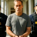 Een man in hechtenis wordt door twee US Marshals door de gang van een Amerikaanse rechtbank begeleid.