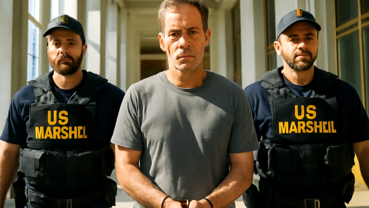 Een man in hechtenis wordt door twee US Marshals door de gang van een Amerikaanse rechtbank begeleid.