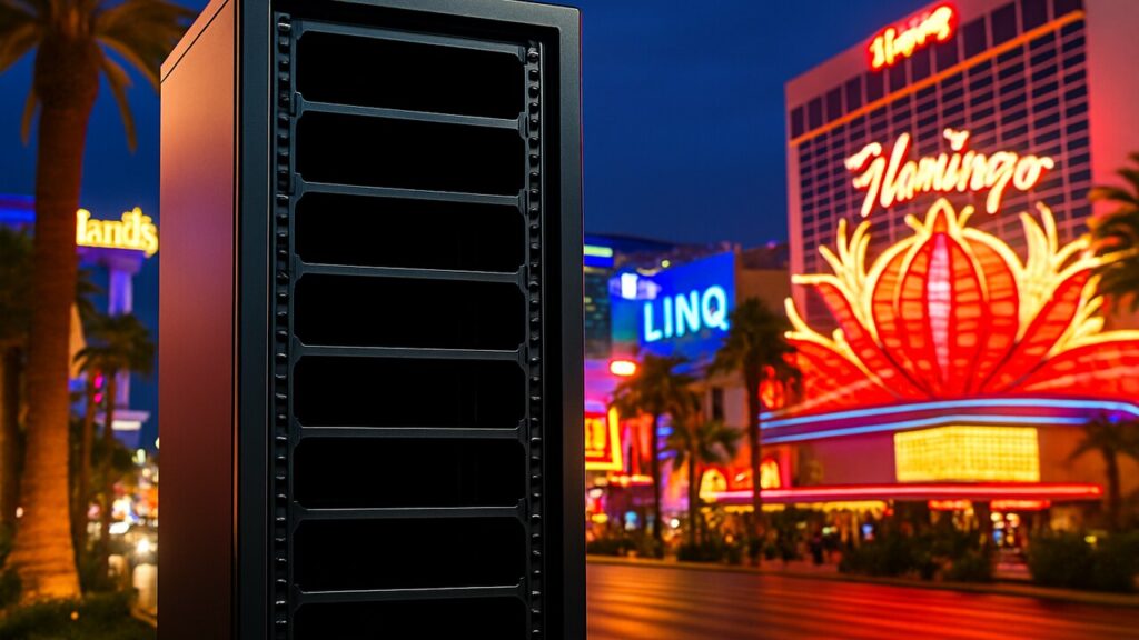 Leeg serverrek voor de verlichte Las Vegas Strip, symbool voor een niet-bestaande AI-supercomputer