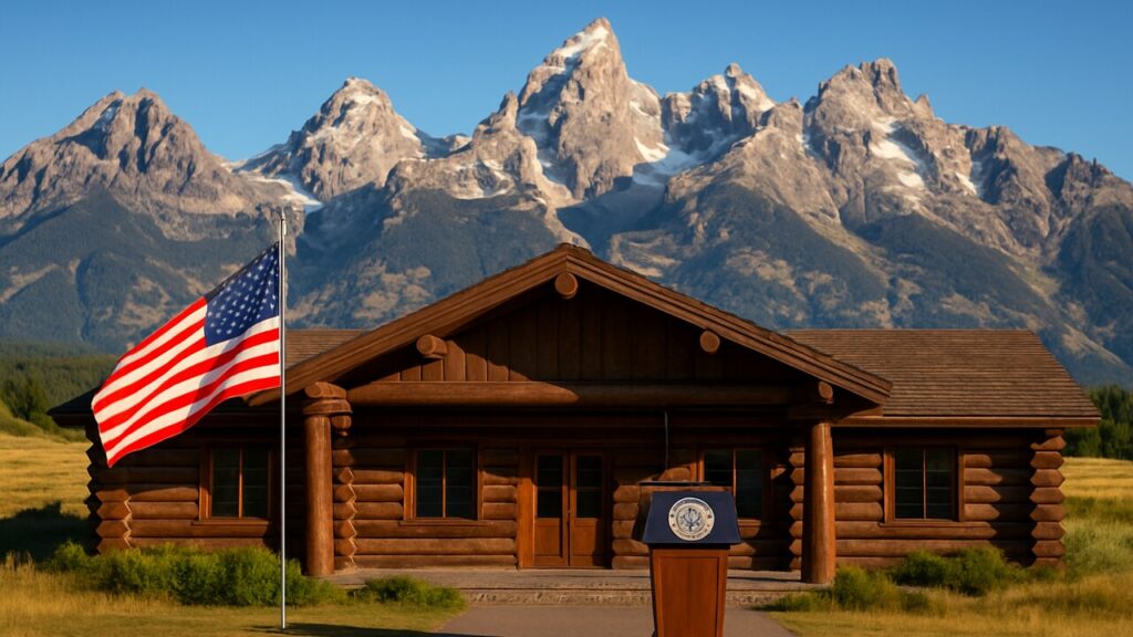 De Grand Teton-bergen bij Jackson Hole met een houten lodge en Amerikaanse vlag, symbolisch voor het Fed-symposium