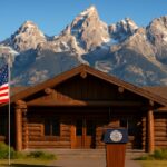 De Grand Teton-bergen bij Jackson Hole met een houten lodge en Amerikaanse vlag, symbolisch voor het Fed-symposium
