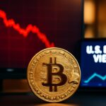 Bitcoin-munt voor een scherm met een rode dalende koersgrafiek en een tweede scherm met stijgende obligatierente
