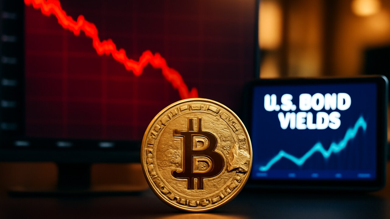 Bitcoin-munt voor een scherm met een rode dalende koersgrafiek en een tweede scherm met stijgende obligatierente